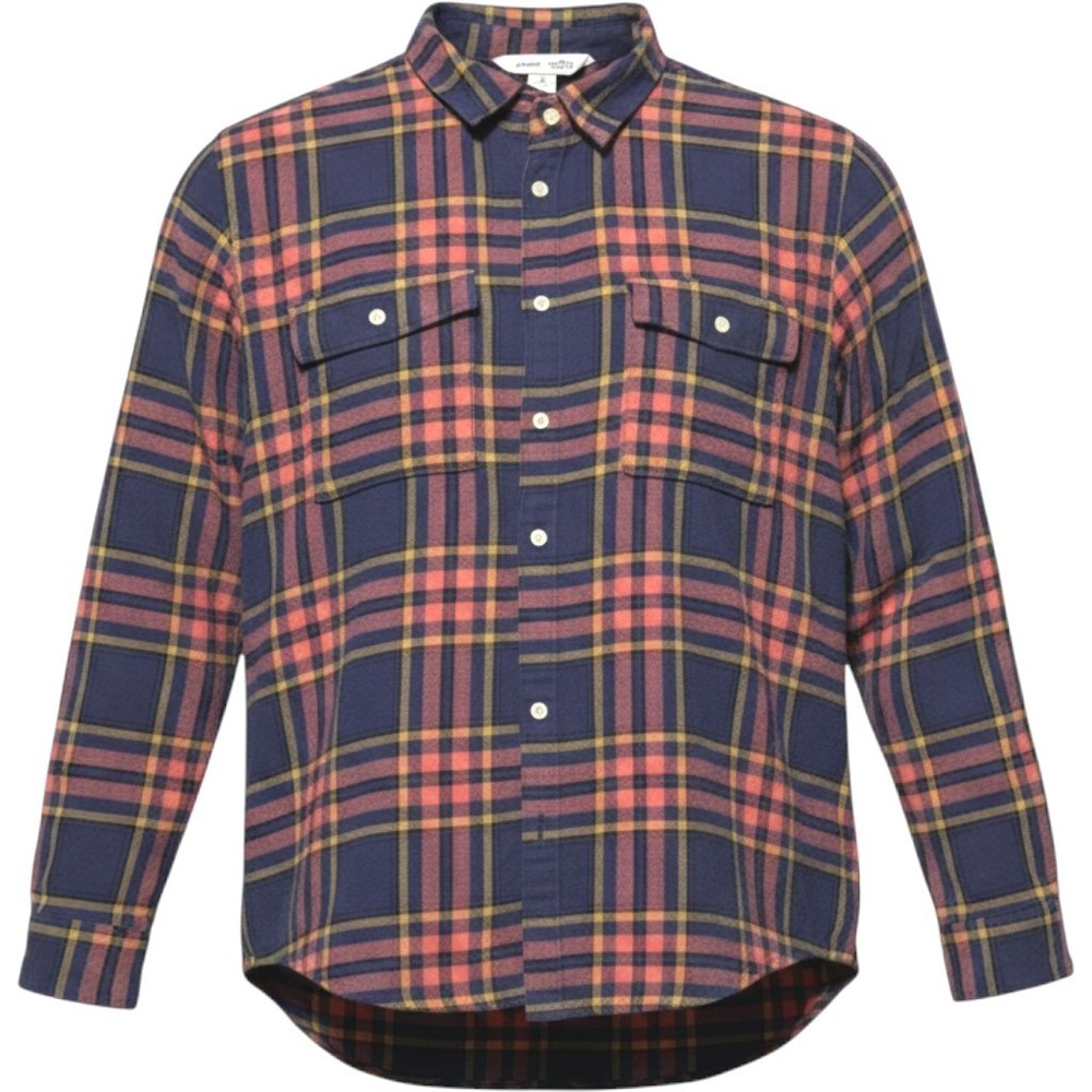 Old Navy Womens The Boyfriend Shirt Plaid Flannel Button Down Navy Orange Small